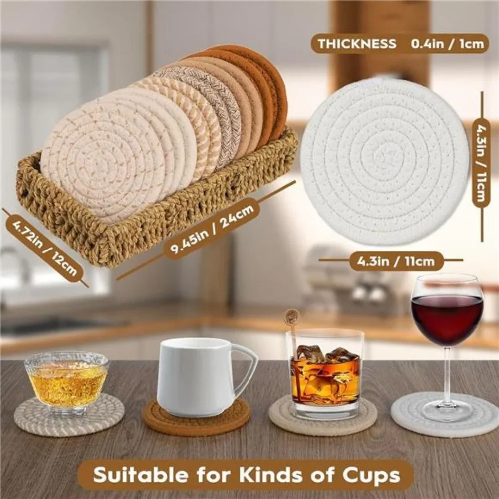 12 Pcs Handmade Boho  Coasters with Seagrass Basket Holder Set,